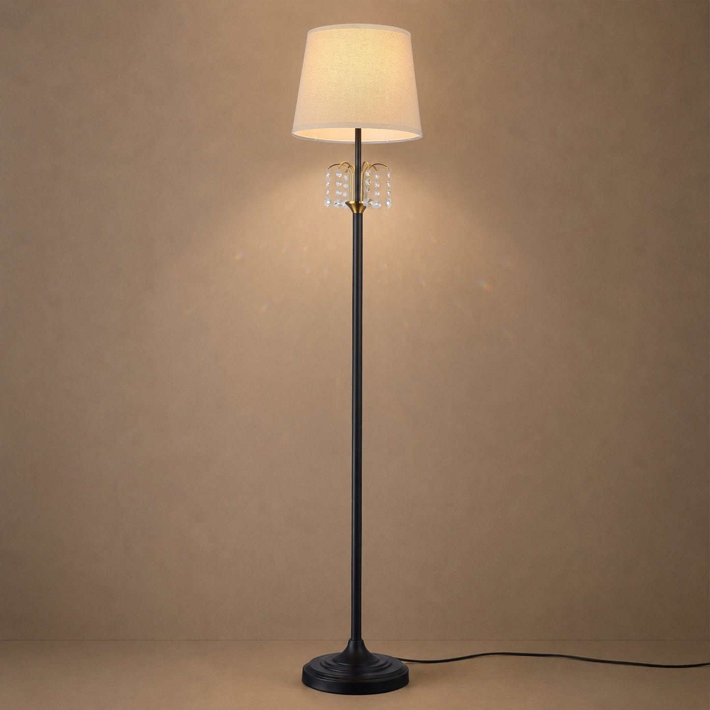 Lumora Crystal Floor Lamp, 64 Inch Black and Gold Standing Lamp with Linen Shade