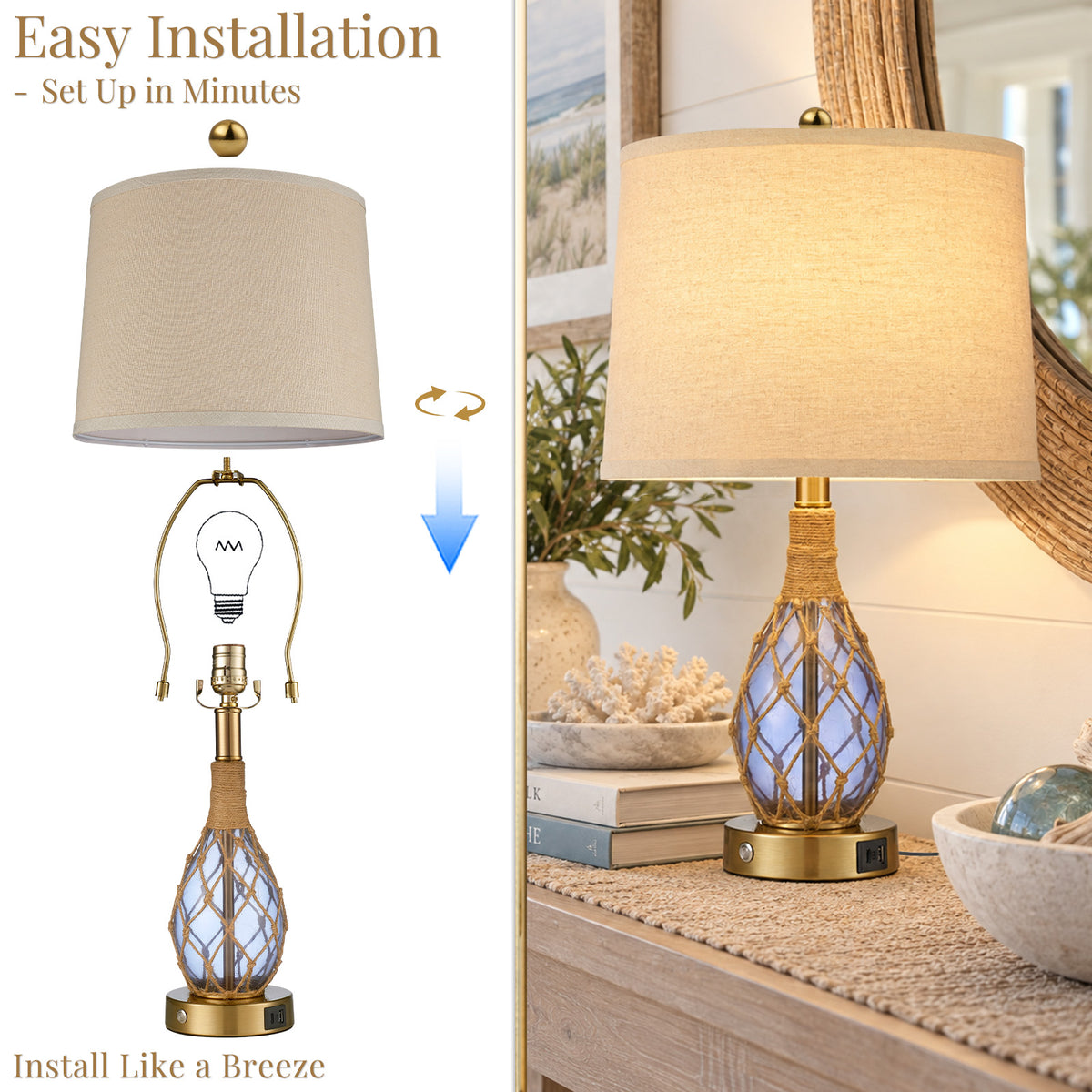 Cozyloom 23-Inch Blue Coastal Glass Table Lamps Set of 2