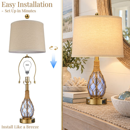 Cozyloom 23-Inch Blue Coastal Glass Table Lamps Set of 2