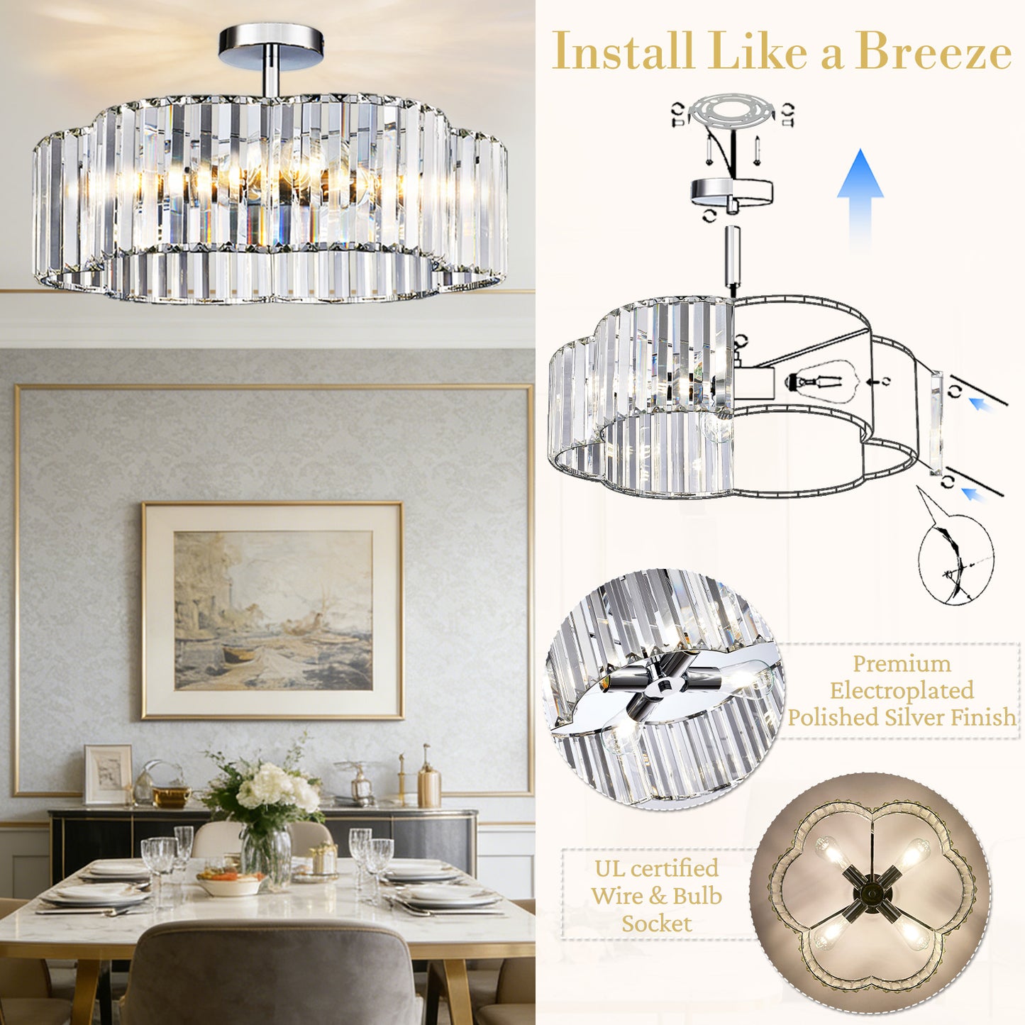 Aeris 20inch 4-Light Crystal Semi Flush Mount Ceiling Light