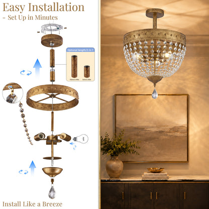 Gildex 15.8Inch Vintage Crystal Semi Flush Chandelier, 3-Light, Antique Gold