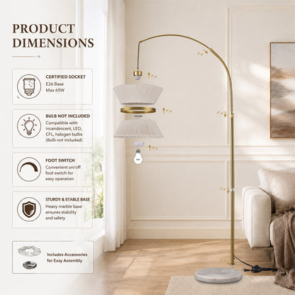 Lumora 65.5 Inch Gold Arc Floor Lamp with Hand-Woven Cotton Shade and White Marble Base