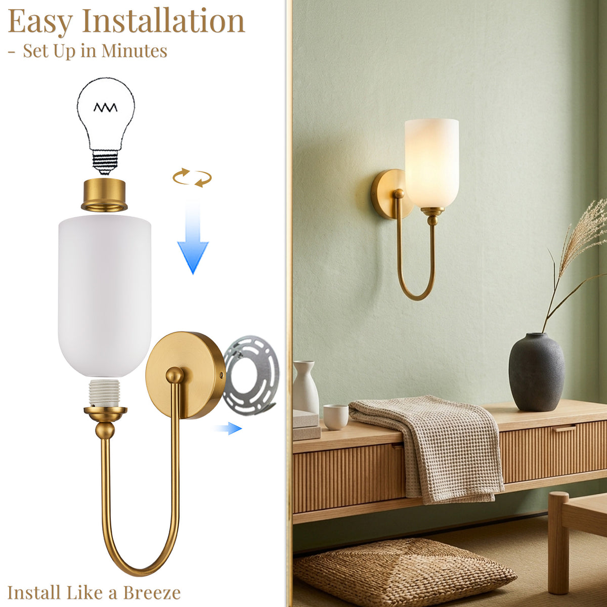 Hamilyeah Modern Gold Wall Sconces Set of Two with Milky White Glass Shades