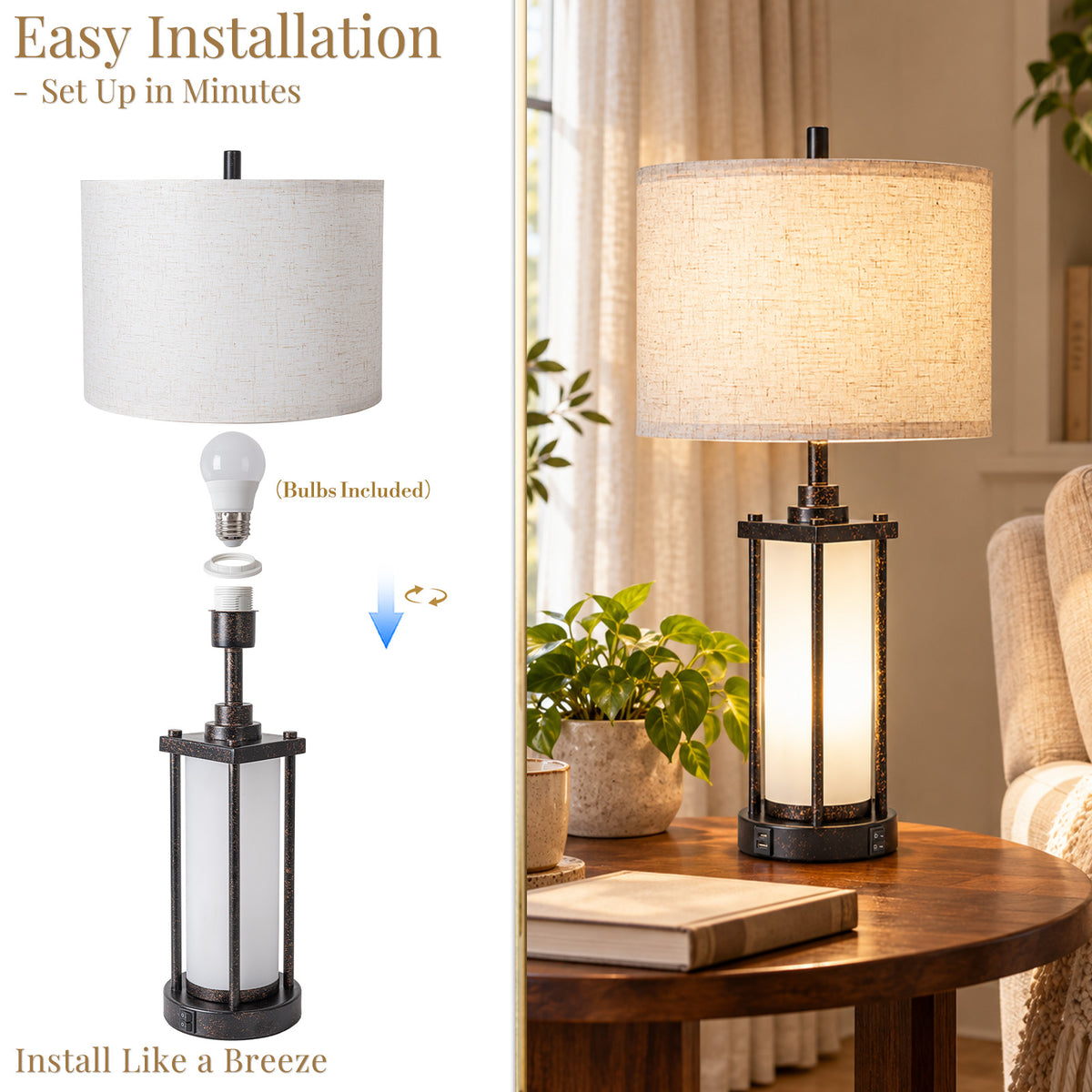 Cozyloom Farmhouse Table Lamps Set of 2 with USB A and USB C