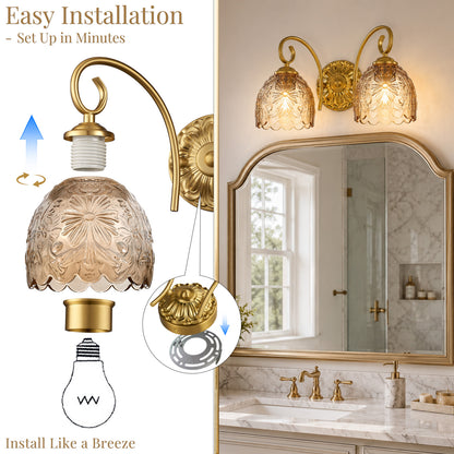 Aurelia Gold Vintage Bathroom Vanity Light, Amber Embossed Glass, 2-Light