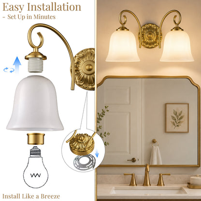 Aurelia Gold Vintage Bathroom Vanity Light, Milky White Glass, 2-Light