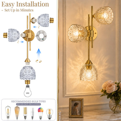 Aurelia 3-Light Gold Wall Sconce with Floral Glass Shades