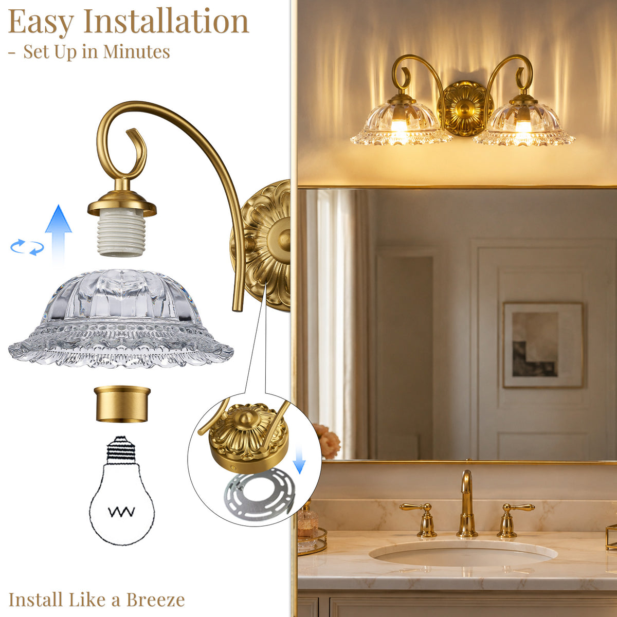 Aurelia Gold Vintage Bathroom Vanity Light, Clear Floral Glass, 2-Light