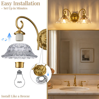 Aurelia Gold Vintage Bathroom Vanity Light, Clear Floral Glass, 2-Light