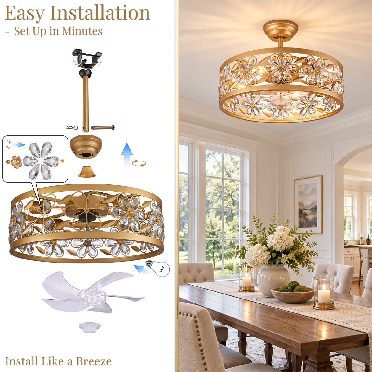 Gildex 20-Inch Gold Crystal Flower Fandelier with Light