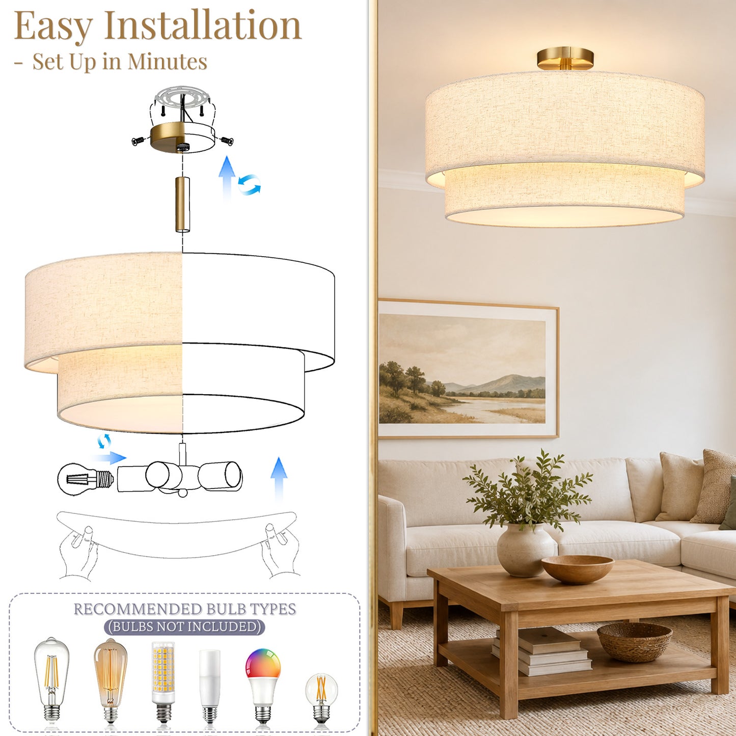 Aeris 24" Semi Flush Mount Ceiling Light, Gold 5-Light Double-Layer Drum Light Fixture with Linen Shade