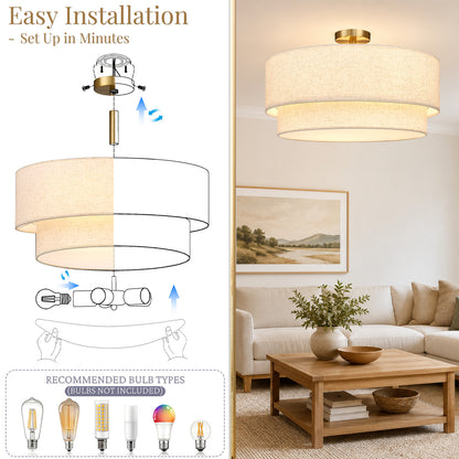 Aeris 24" Semi Flush Mount Ceiling Light, Gold 5-Light Double-Layer Drum Light Fixture with Linen Shade
