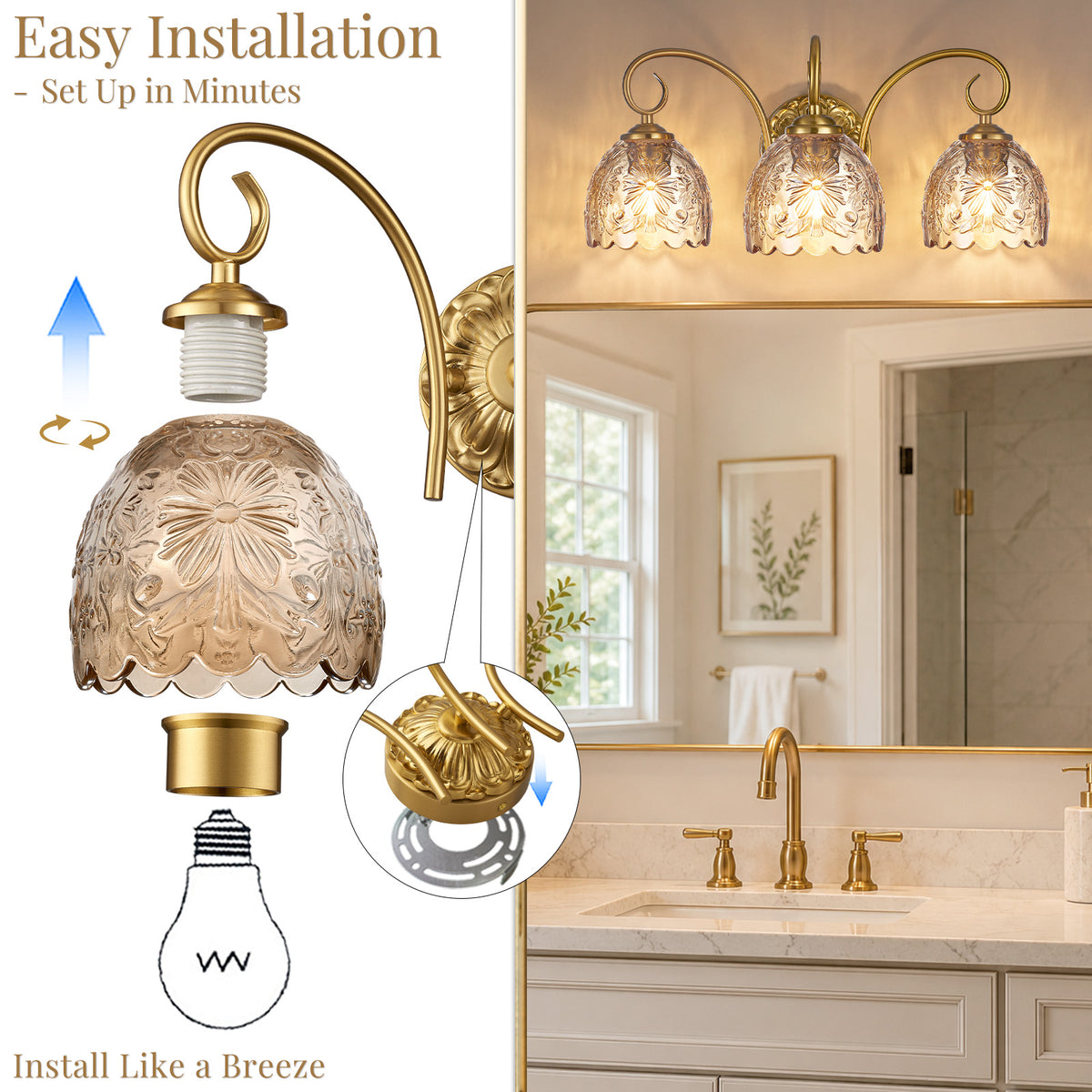Aurelia Gold Vintage Bathroom Vanity Light, Amber Embossed Glass, 3-Light