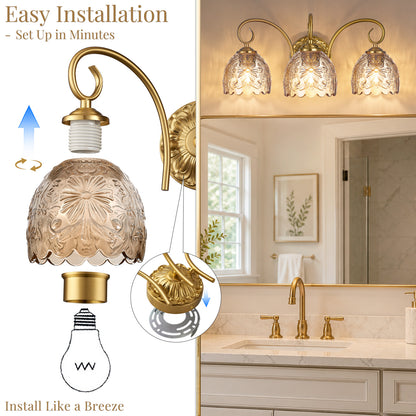 Aurelia Gold Vintage Bathroom Vanity Light, Amber Embossed Glass, 3-Light