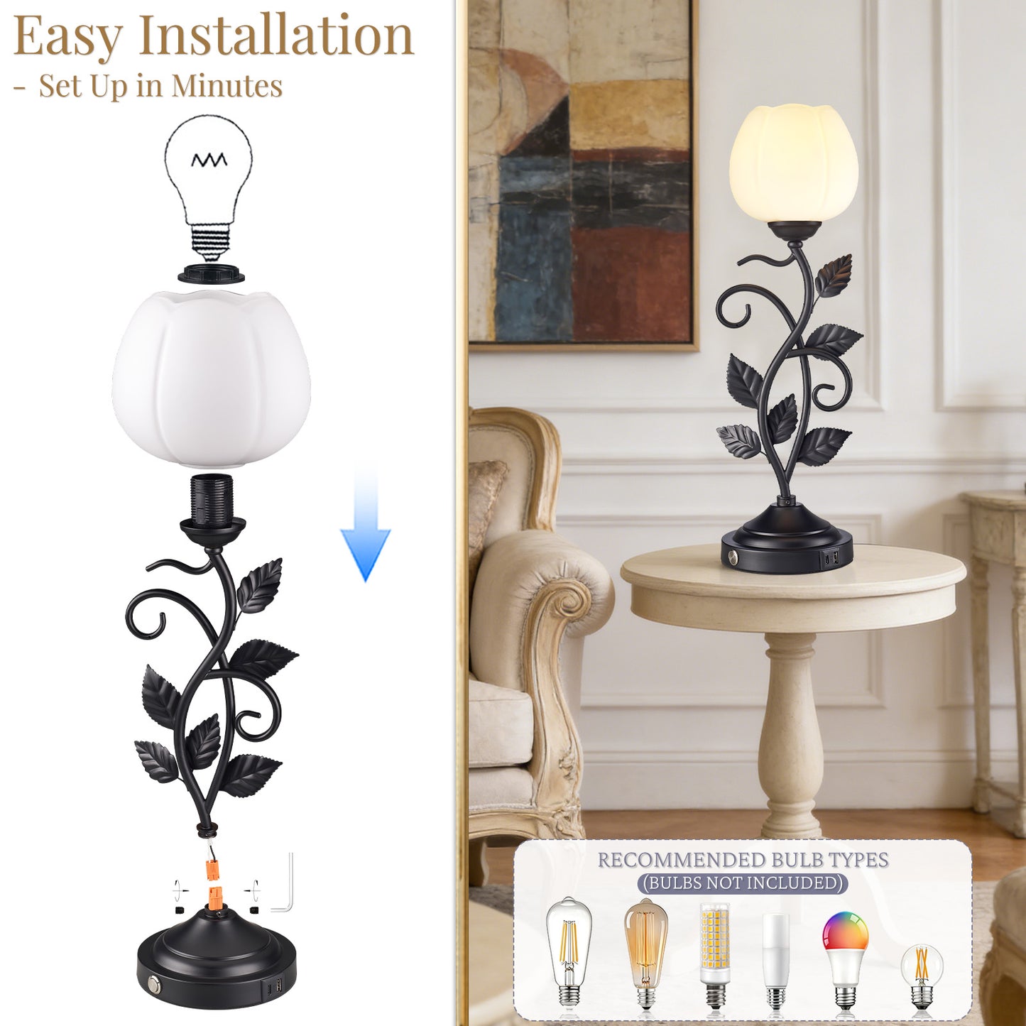Cozyloom Black Vintage Table Lamp with USB