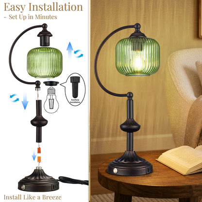 Cozyloom Black Table Lamp with Green Ribbed Glass Shade and USB-C + USB-A Charging Ports