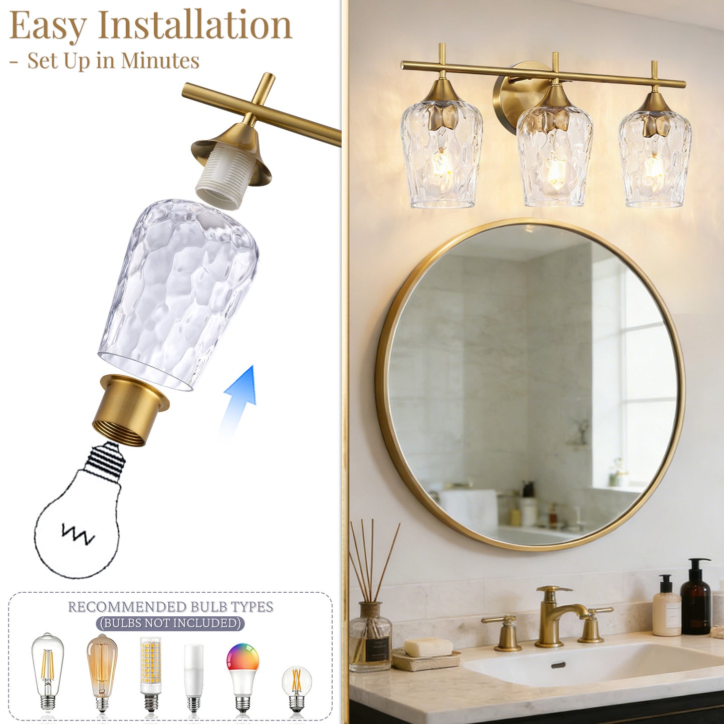 Aurelia 3-Light Gold Hammered Glass Vanity Light