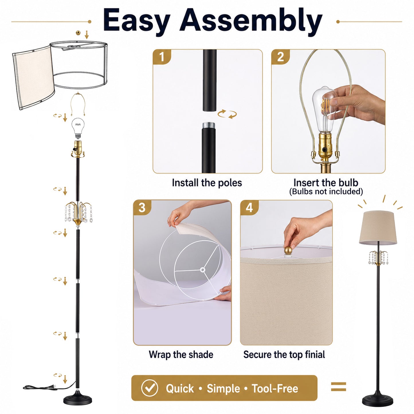 Lumora Crystal Floor Lamp, 64 Inch Black and Gold Standing Lamp with Linen Shade