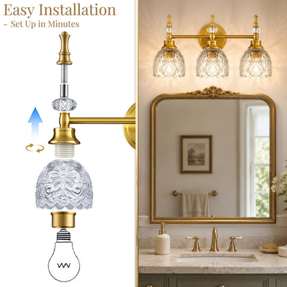Aurelia 3-Light Floral Glass Vanity Light Brushed Gold Bathroom Vanity Light with Floral Glass Shades