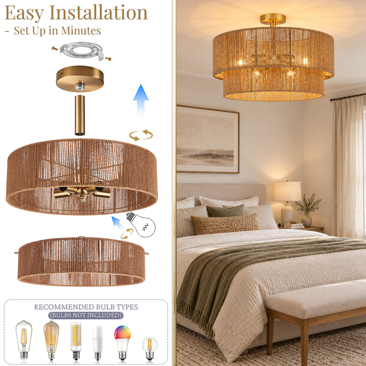 Aeris 24-Inch Gold Double-Layer Woven Rope Ceiling Light