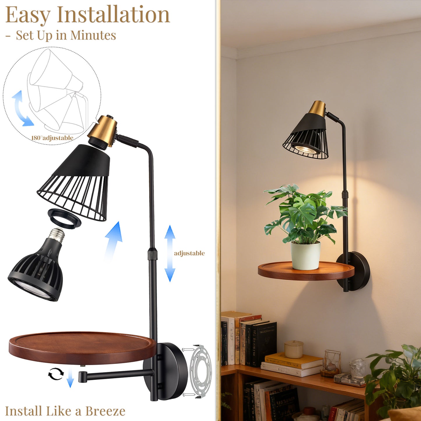 Aurelia  Plug in Black Wall Light with Shelf