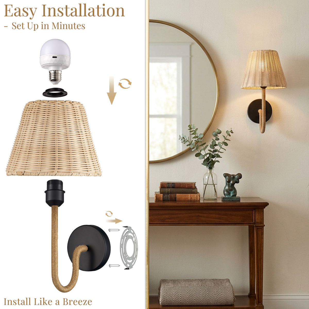 Aurelia Woven Rattan Battery Wall Sconces Set of 2
