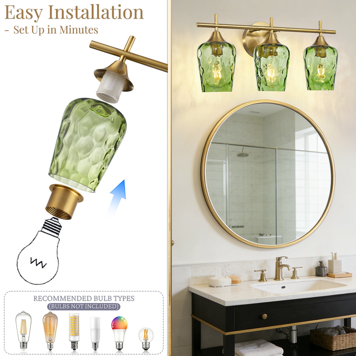Aurelia 3-Light Gold Hammered Glass Bathroom Vanity Light