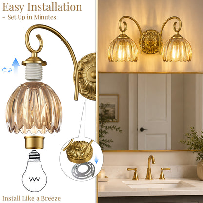 Aurelia Gold Vintage Bathroom Vanity Light, Amber Ribbed Glass, 2-Light