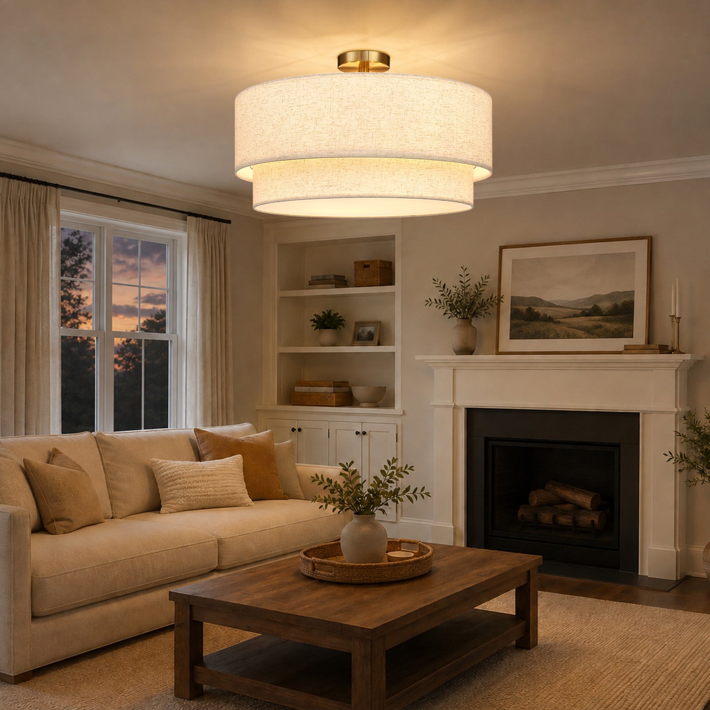 Aeris 24" Semi Flush Mount Ceiling Light, Gold 5-Light Double-Layer Drum Light Fixture with Linen Shade