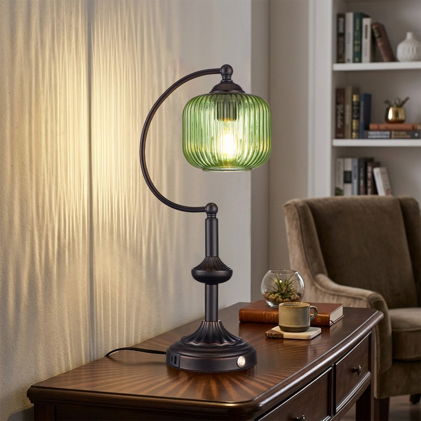 Cozyloom Black Table Lamp with Green Ribbed Glass Shade and USB-C + USB-A Charging Ports