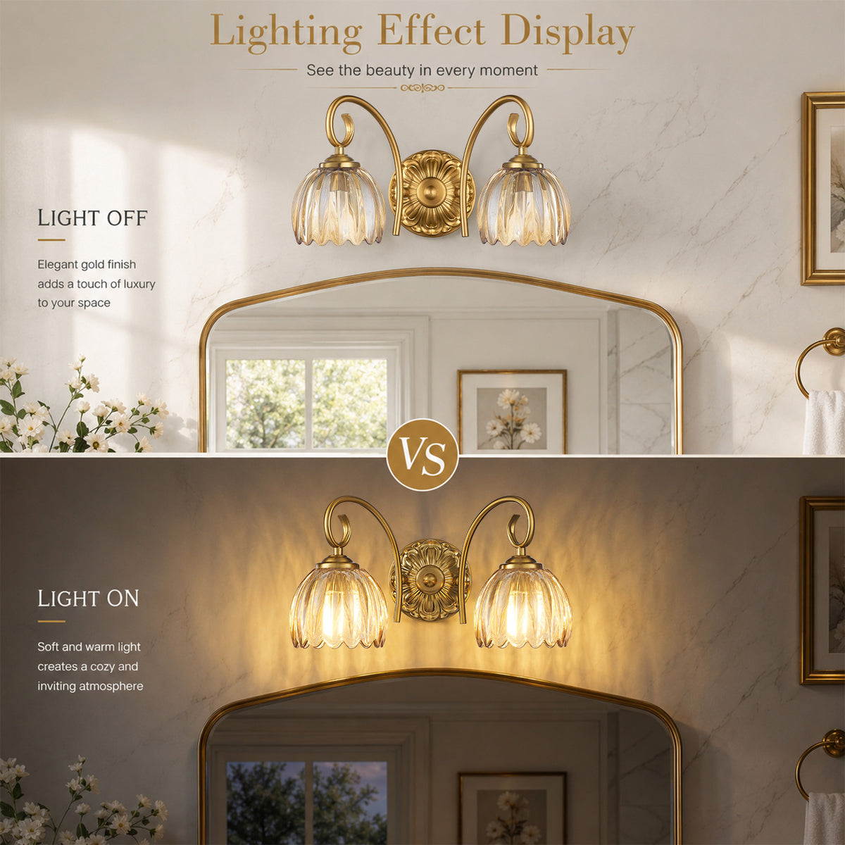 Aurelia Gold Vintage Bathroom Vanity Light, Amber Ribbed Glass, 2-Light