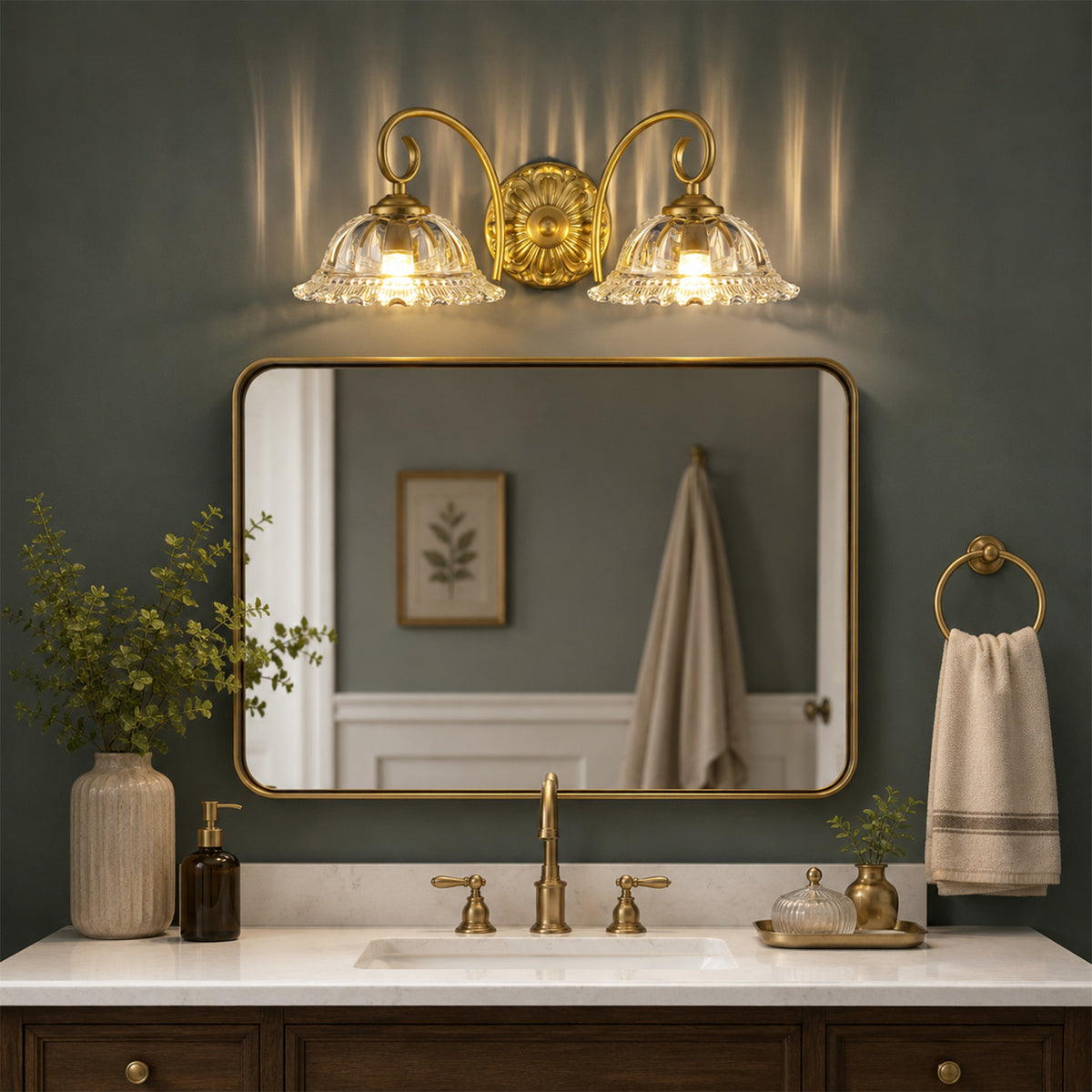Aurelia Gold Vintage Bathroom Vanity Light, Clear Floral Glass, 2-Light