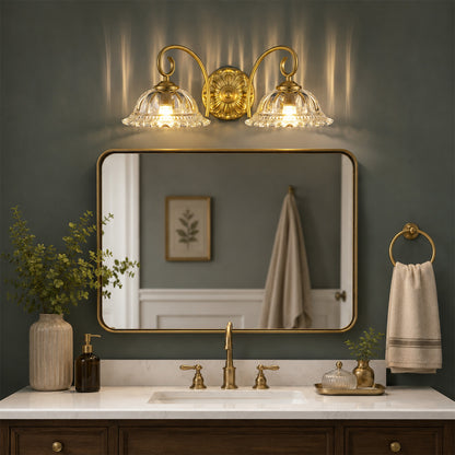Aurelia Gold Vintage Bathroom Vanity Light, Clear Floral Glass, 2-Light