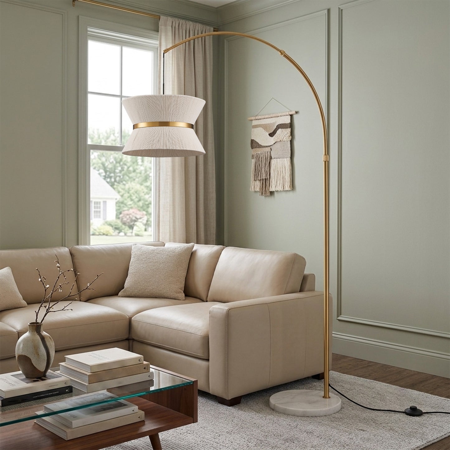 Lumora 65.5 Inch Gold Arc Floor Lamp with Hand-Woven Cotton Shade and White Marble Base