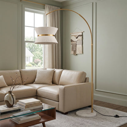 Lumora 65.5 Inch Gold Arc Floor Lamp with Hand-Woven Cotton Shade and White Marble Base