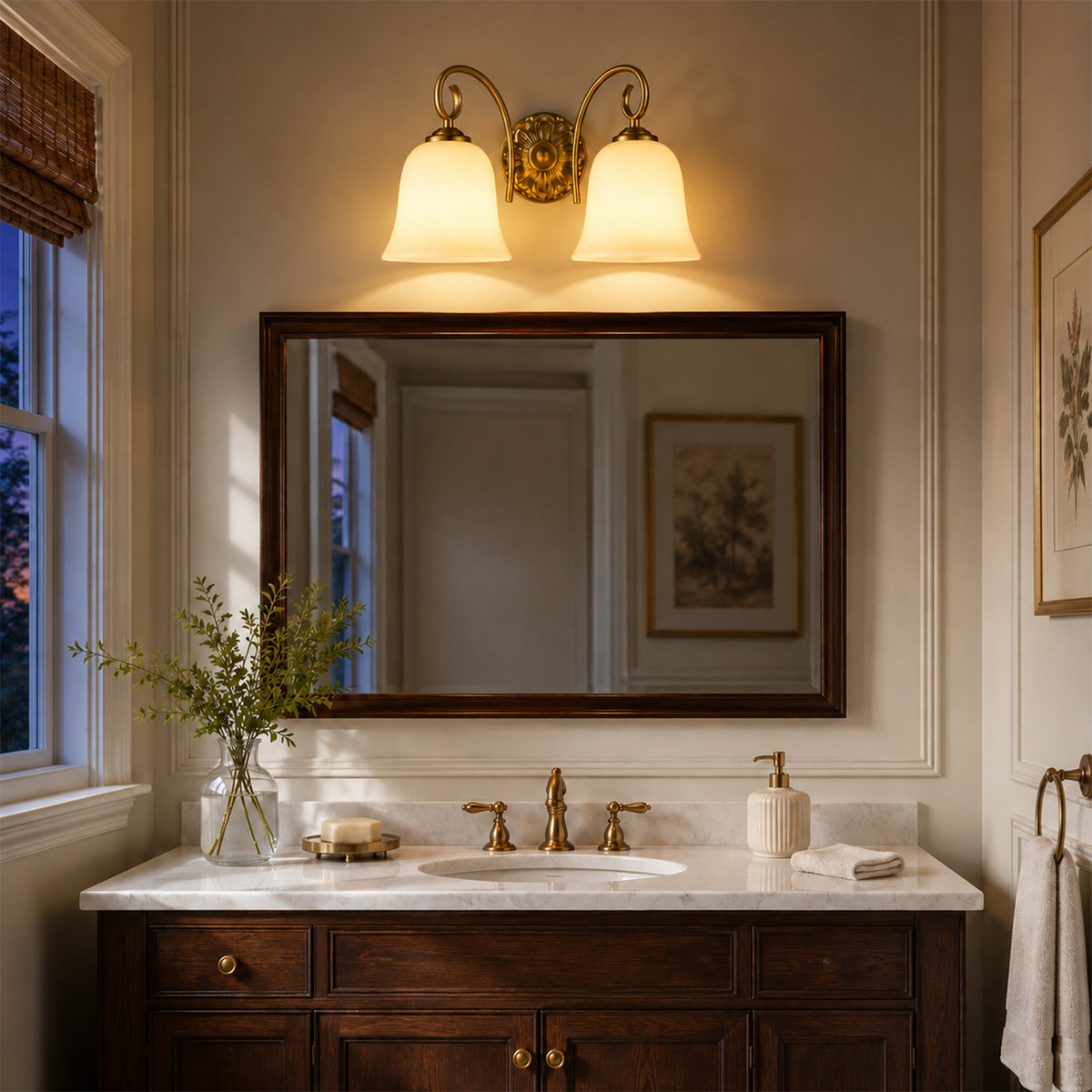 Aurelia Gold Vintage Bathroom Vanity Light, Milky White Glass, 2-Light