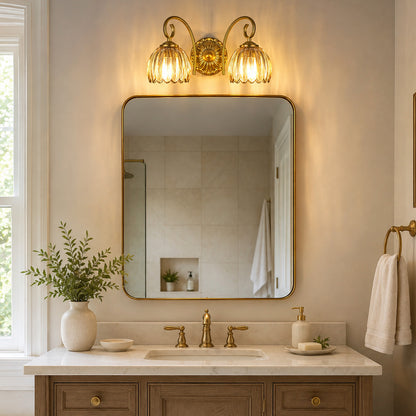 Aurelia Gold Vintage Bathroom Vanity Light, Amber Ribbed Glass, 2-Light