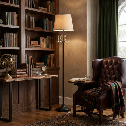 Lumora Crystal Floor Lamp, 64 Inch Black and Gold Standing Lamp with Linen Shade