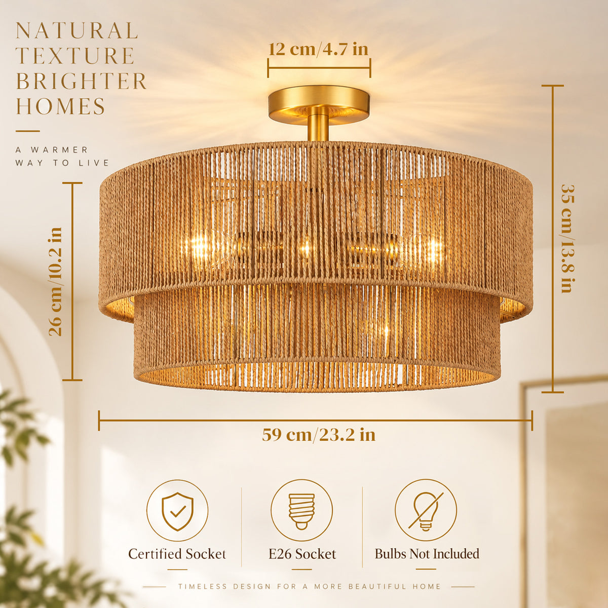 Aeris 24-Inch Gold Double-Layer Woven Rope Ceiling Light