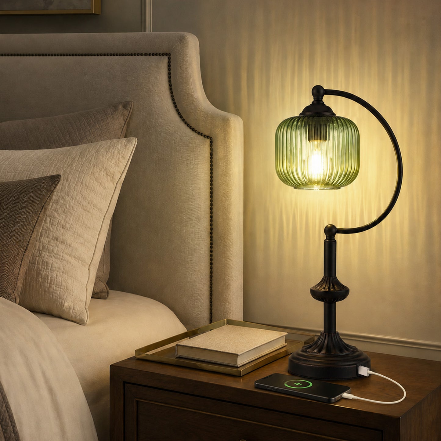 Cozyloom Black Table Lamp with Green Ribbed Glass Shade and USB-C + USB-A Charging Ports