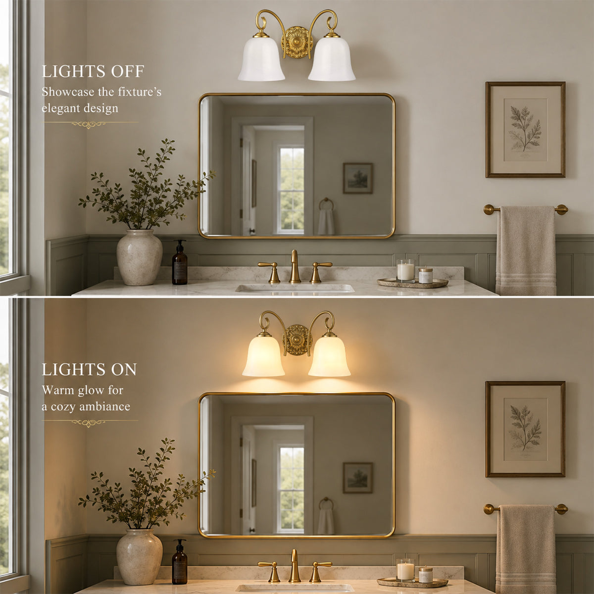 Aurelia Gold Vintage Bathroom Vanity Light, Milky White Glass, 2-Light