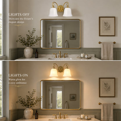 Aurelia Gold Vintage Bathroom Vanity Light, Milky White Glass, 2-Light