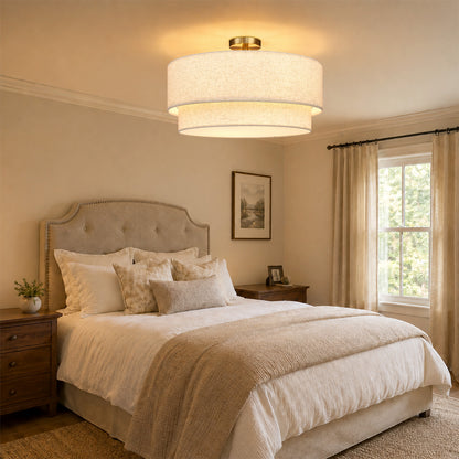 Aeris 24" Semi Flush Mount Ceiling Light, Gold 5-Light Double-Layer Drum Light Fixture with Linen Shade
