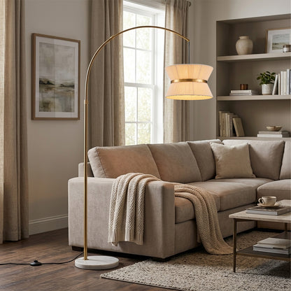 Lumora 65.5 Inch Gold Arc Floor Lamp with Hand-Woven Cotton Shade and White Marble Base