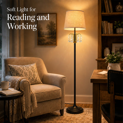 Lumora Crystal Floor Lamp, 64 Inch Black and Gold Standing Lamp with Linen Shade