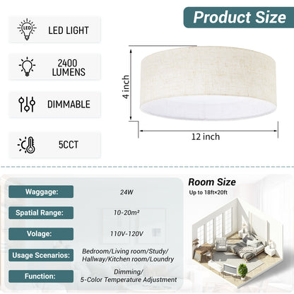 Hamilyeah 12" LED Ceiling Light Flush Mount Dimmable with Fabric Shade