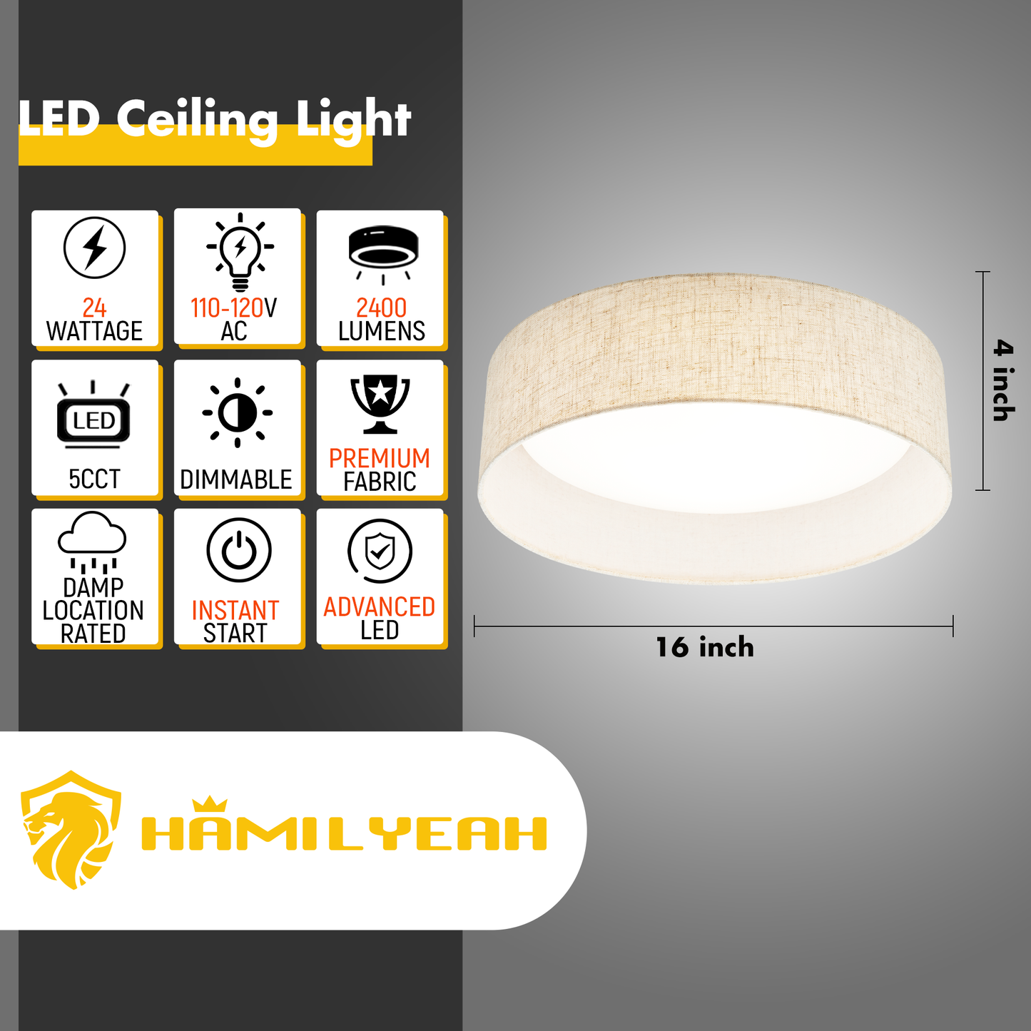 Aeris 16 inch LED Flush Mount Ceiling Light Fabric Shade, 5CCT Dimmable