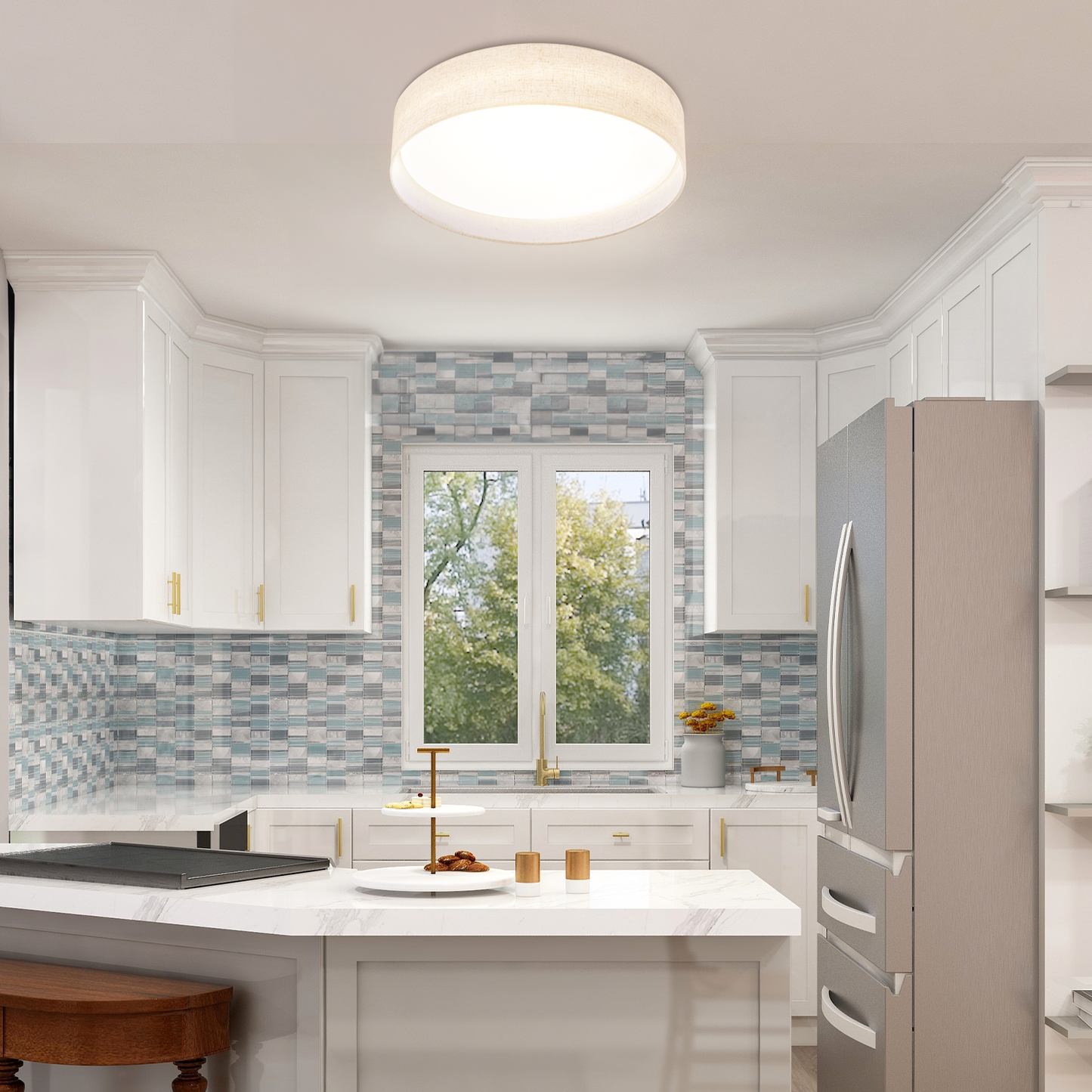 Aeris 18 inch LED Flush Mount Ceiling Light Fabric Shade, 5CCT Dimmable