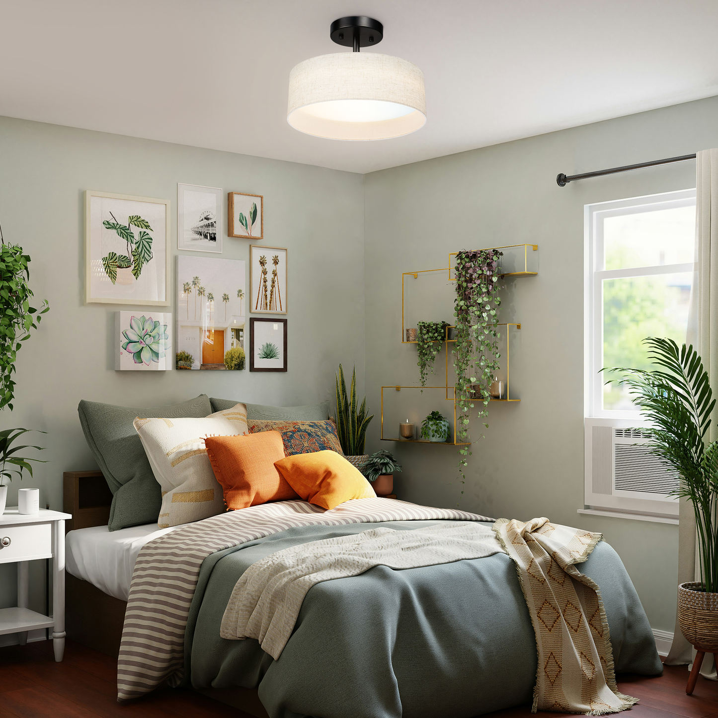 Hamilyeah 12" LED Semi Flush Mount Ceiling Light Dimmable with Fabric Shade