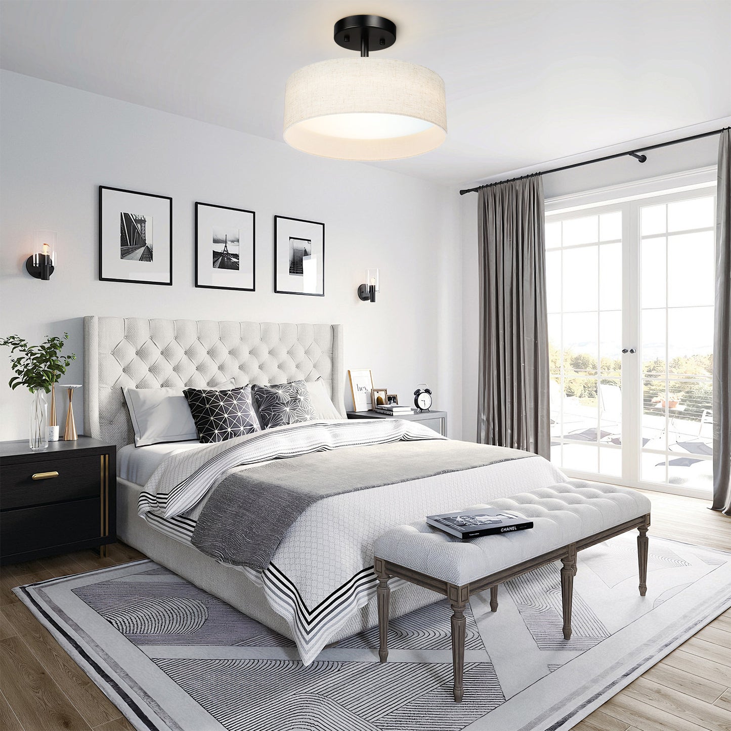 Hamilyeah 12" LED Semi Flush Mount Ceiling Light Dimmable with Fabric Shade